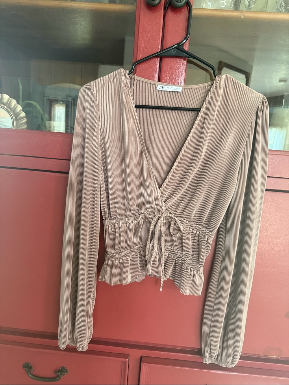Zara Taupe Pleated Wrap Blouse with Tie